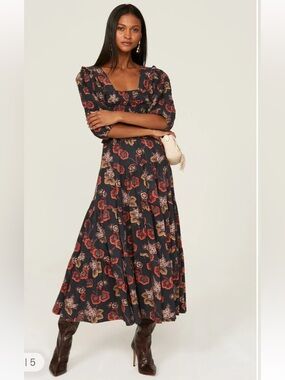 Sea New York Lucinda Tiered Smocked Floral Dress Navy Puff Sleeves  Size XS